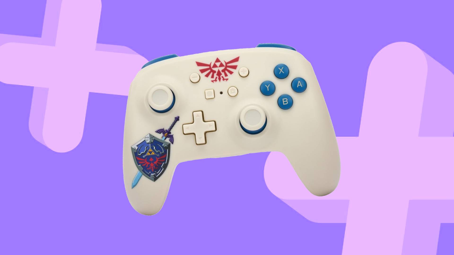 PoweA Zelda Nintendo Switch controller with lilac backdrop.