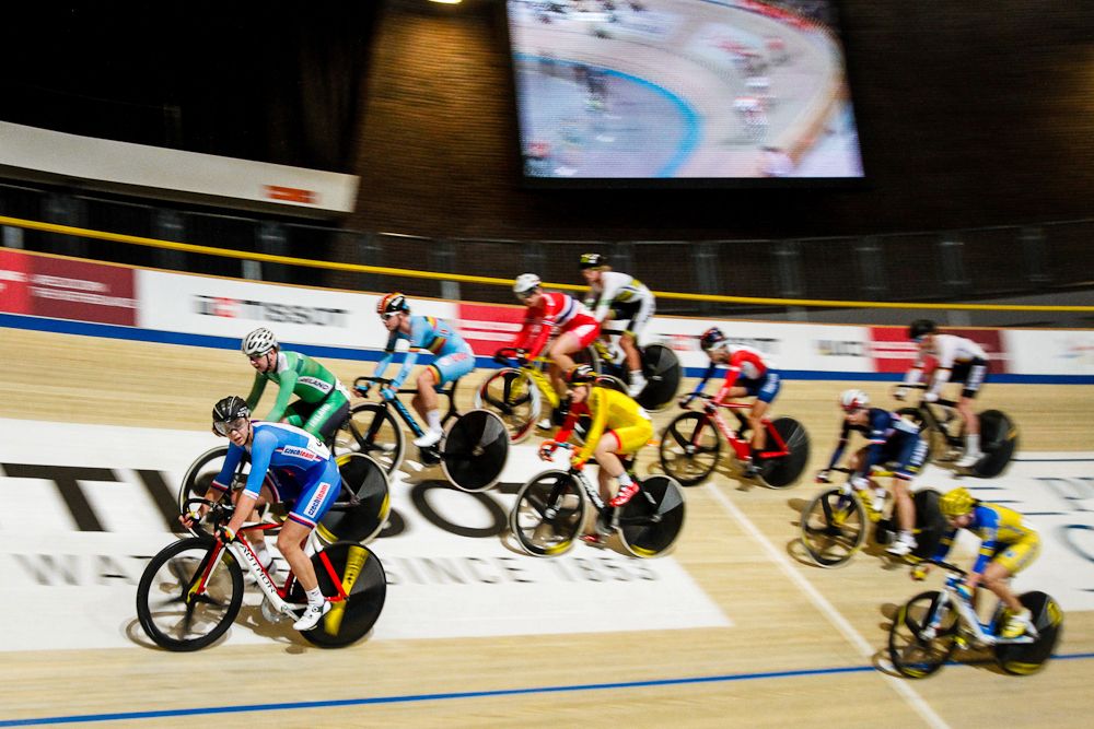 compete in the Women's Elimination race of the Omnium on day one fo the UCI Track World Cup