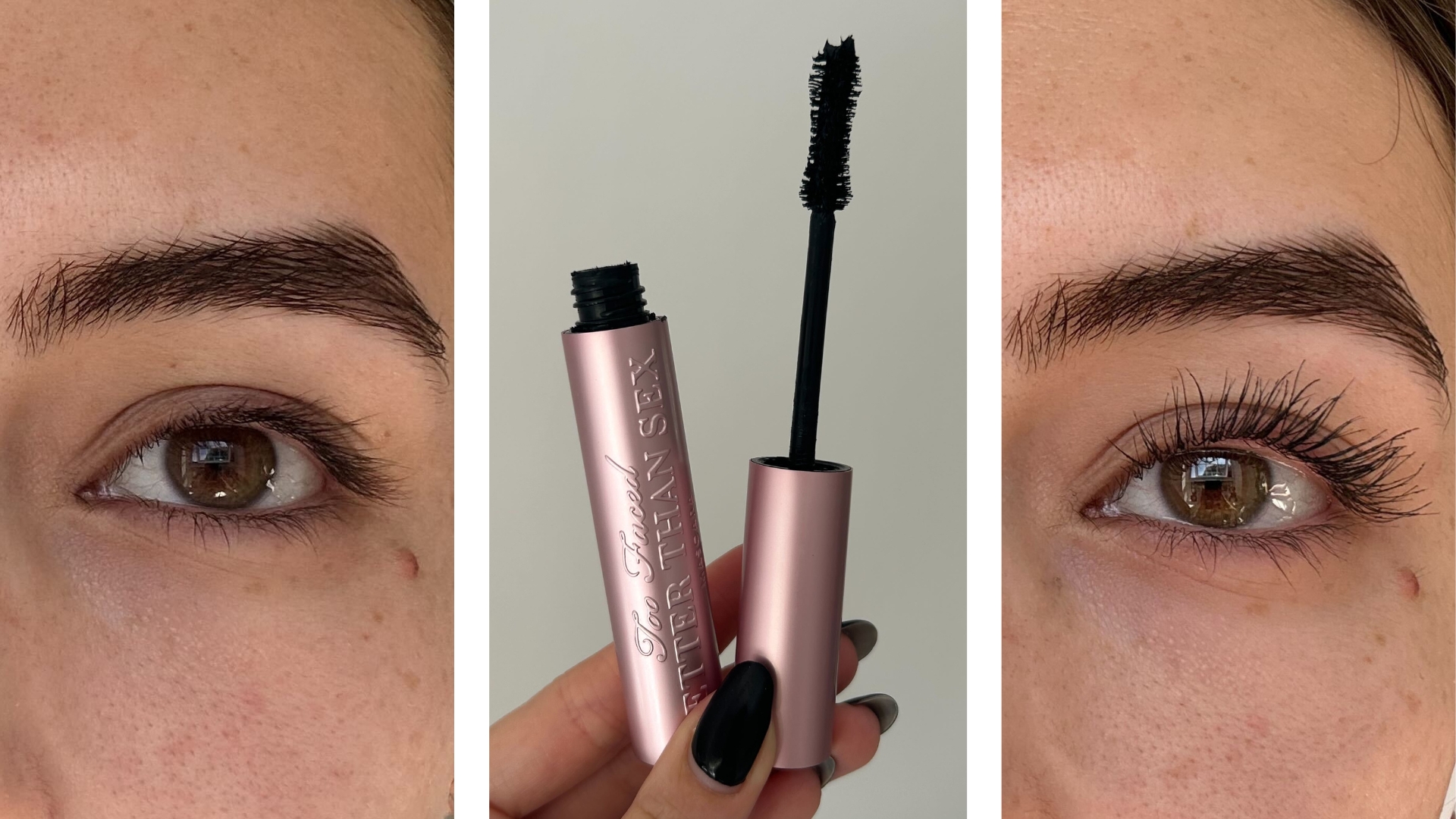 Collage showing before and after pictures of the Too Faced Better Than Sex Mascara