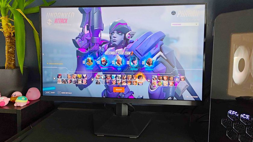 KOORUI GN02 monitor sitting on desk with Pharah from Overwatch 2 character select screen displayed