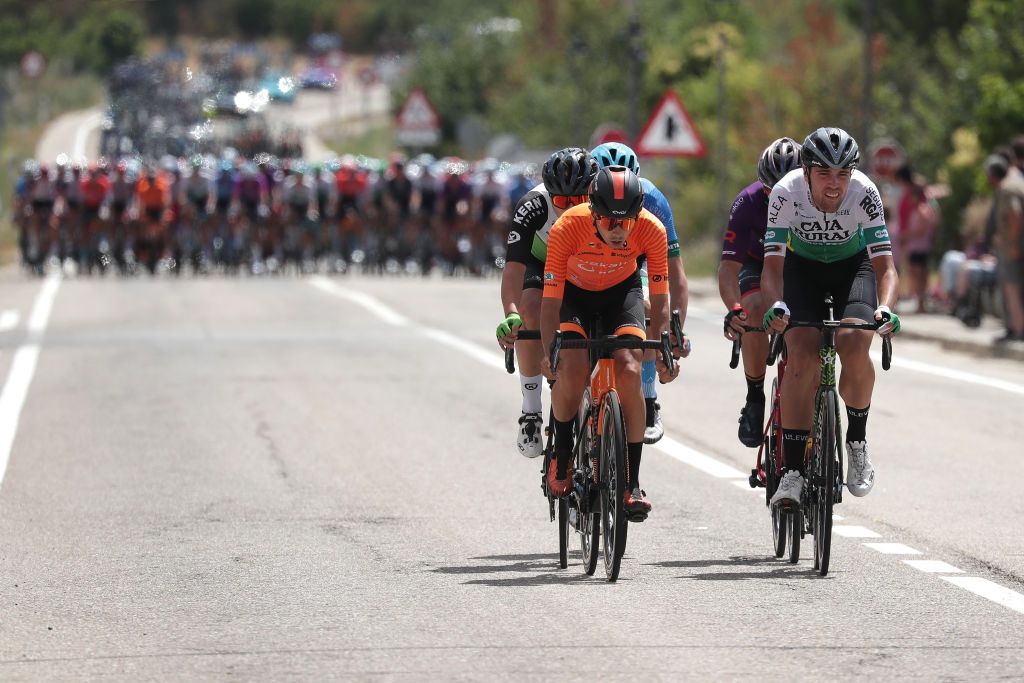 BRIVIESCA SPAIN AUGUST 04 LR Unai Cuadrado Ruiz De Gauna of Spain and Team Euskaltel Euskadi Oier Lazkano Lopez of Spain and Team Caja RuralSeguros RGA in the Breakaway during the 43rd Vuelta a Burgos 2021 Stage 2 a 175km stage from Tardajos to Briviesca VueltaBurgos BurgosCycling CapitalMundialdelCiclismo on August 04 2021 in Briviesca Spain Photo by Gonzalo Arroyo MorenoGetty Images