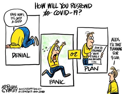 Editorial Cartoon U.S. Coronavirus Jeopardy Alex Trebek planning denial panic