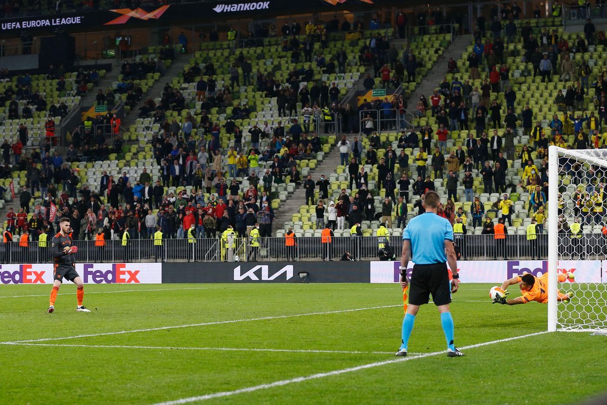 Manchester United goalkeeper David de Gea sees his penalty saved by Geronimo Rulli, giving Villarreal victory in the 2021 Europa League final