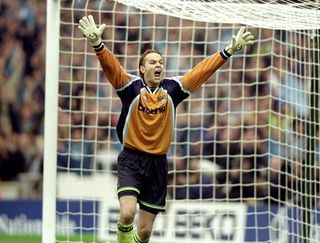 Nicky Weaver of Manchester City celebrates after saving a penalty during the Nationwide Division Two Play-Off Final match against Gillingham played at Wembley Stadium in London, England. The match finished in a 2-2 draw after extra-time and in the penalty shoot-out Manchester City won 3-1 and were promoted to Division One. \ Mandatory Credit: Gary M Prior/Allsport