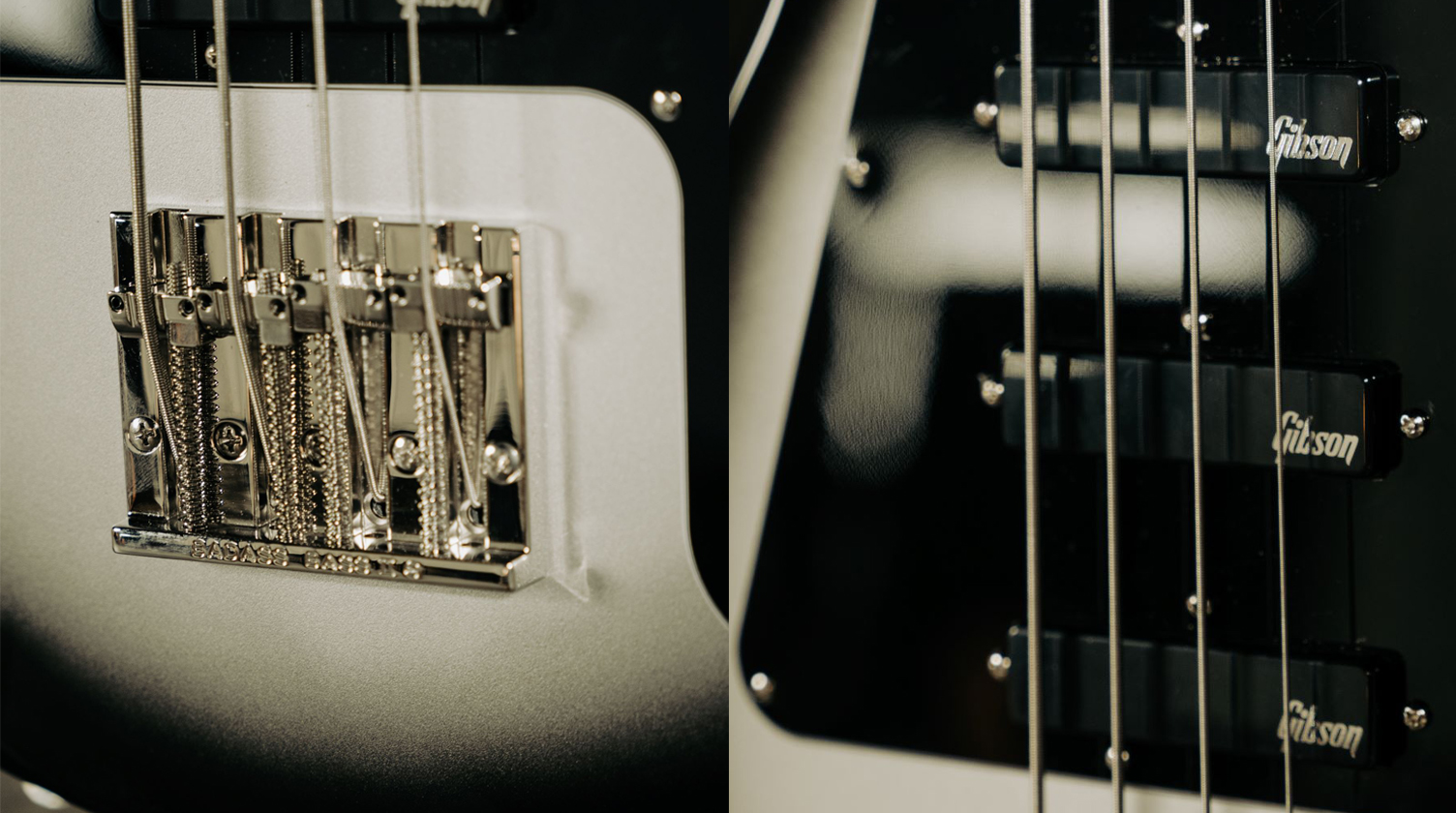 A composite of two photos showing the Leo Quan Badass II bridge (left) and three Gibson G-3 pickups (right) on the Mike Dirnt signature Epiphone Grabber Bass