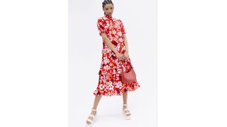 New Look Red Floral Frill Tiered Midi Smock Dress
