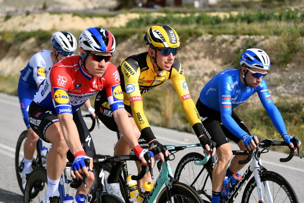 TORREVIEJA SPAIN FEBRUARY 07 Fabio Jakobsen of The Netherlands and Team Deceuninck QuickStep Pascal Eenkhoorn of The Netherlands and Team JumboVisma during the 71st Volta a la Comunitat Valenciana 2020 Stage 3 a 1746km stage from Orihuela to Torrevieja VueltaCV VCV2020 on February 07 2020 in Torrevieja Spain Photo by David RamosGetty Images