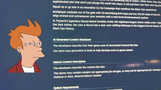 Steam's AI disclosure on the Black Ops 7 store page, with Futurama's Fry character squinting at the text.