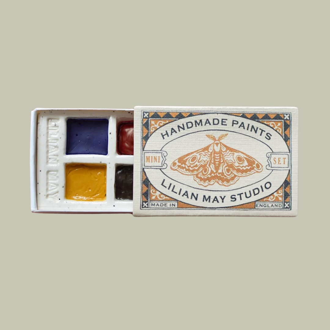 Lilian May Studio Mini Watercolour Ceramic Paint Set - Special Art Gift against pale green background.