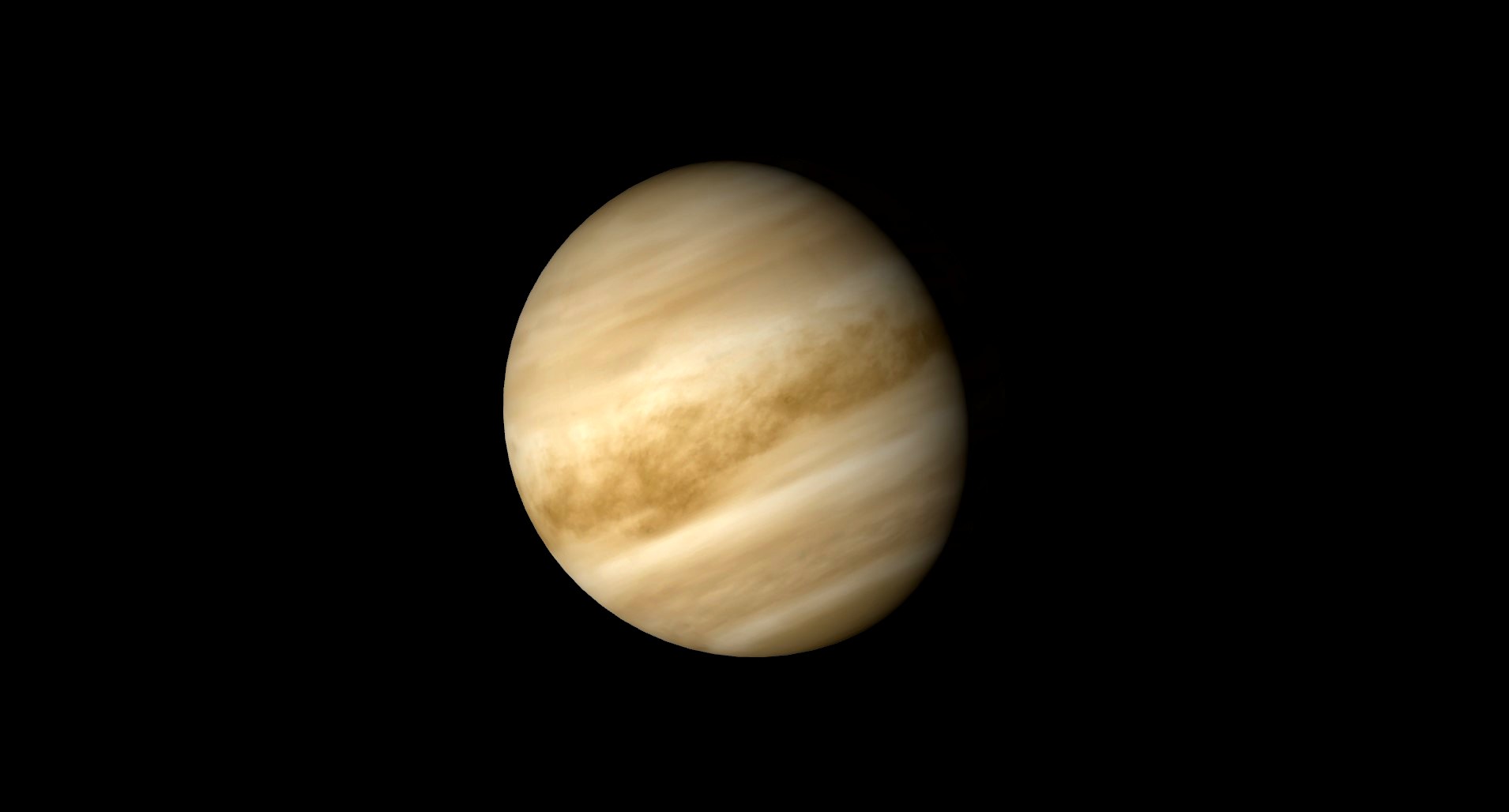 El gran y brumoso planeta Venus está iluminado en sus tres cuartas partes y los gases cruzan su superficie como líneas borrosas.
