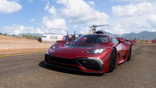 An image of the Mercedes-AMG ONE in red in Forza Horizon 5 situated in front of the Forza Horizon plane. 