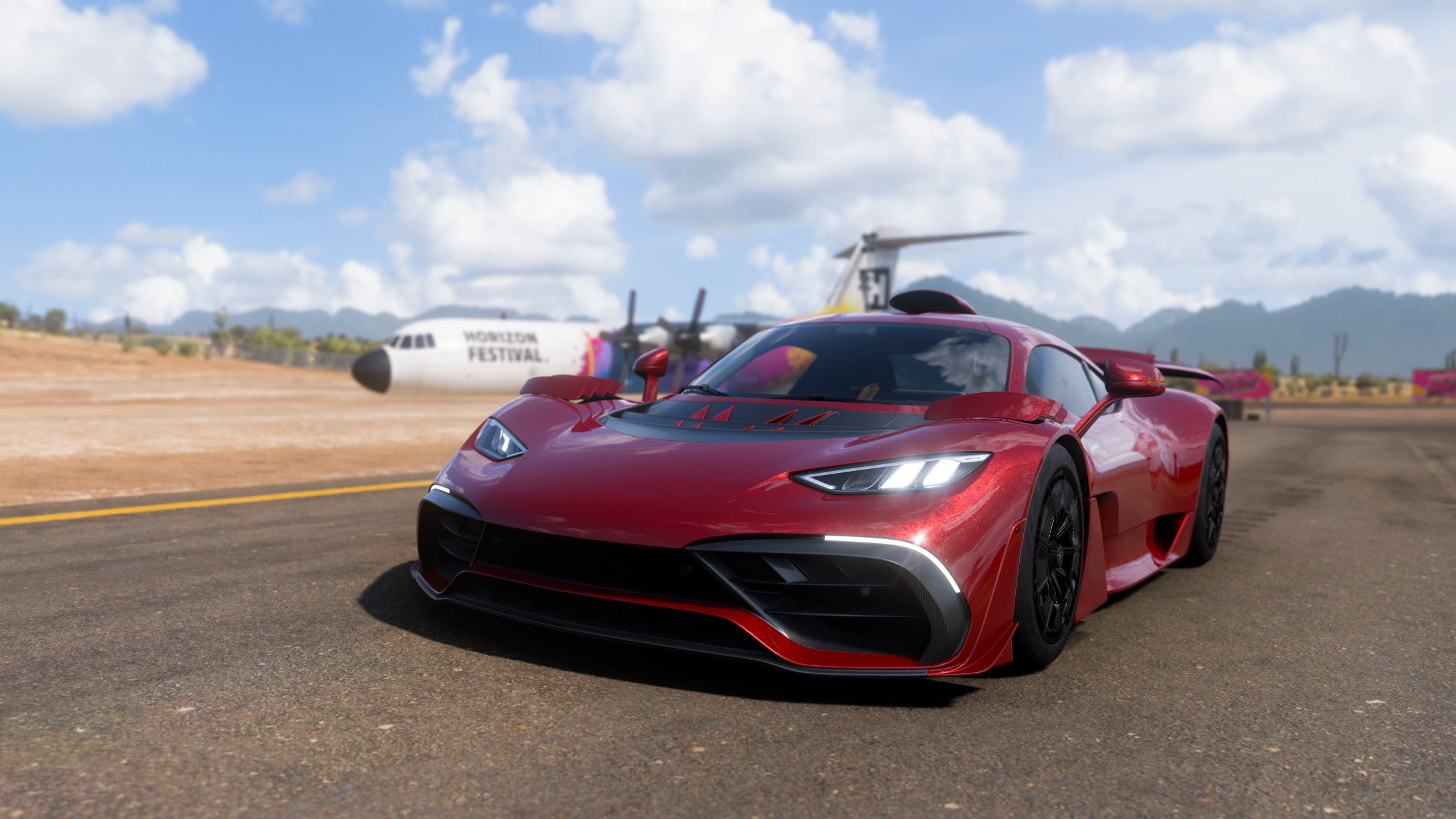 An image of the Mercedes-AMG ONE in red in Forza Horizon 5 situated in front of the Forza Horizon plane. 