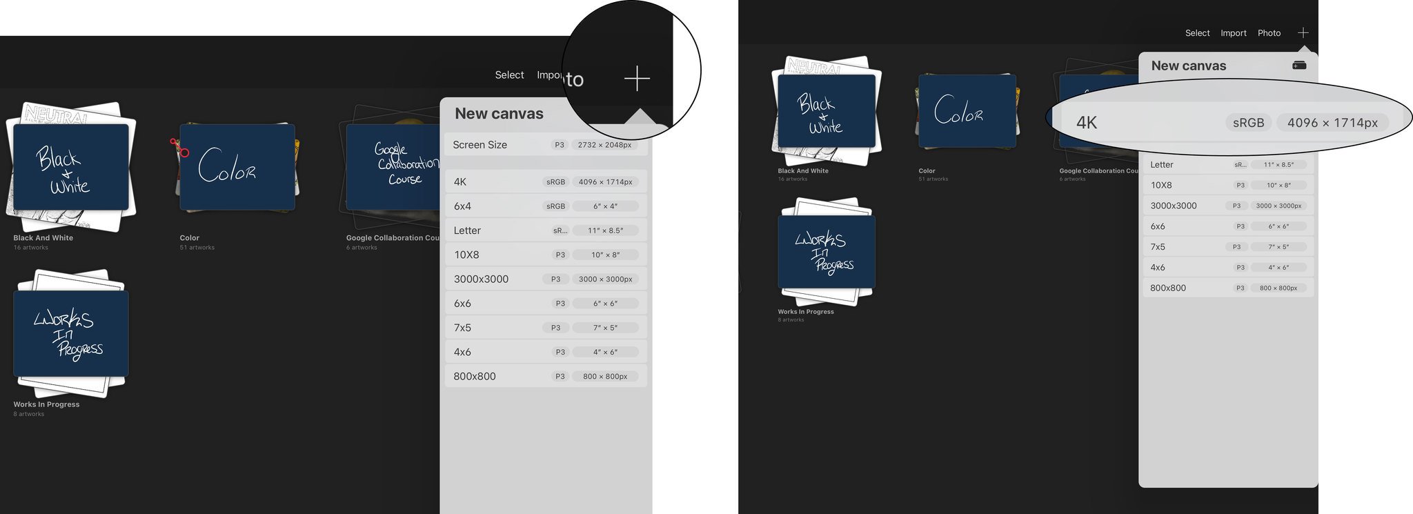 To begin a New Project Canvas, tap on the + Sign to open the New Canvas Pane, and then Select a Preset.