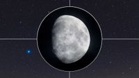 A waxing moon is pictured in the centre surrounded by a white circle with four white lines oriented outward. A blue starfield is visible in the background.