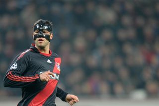 Michael Ballack of Bayer Leverkusen, wearing a protective mask, in action against Chelsea in the group stage of the 2011/12 Champions League in Leverkusen, Germany