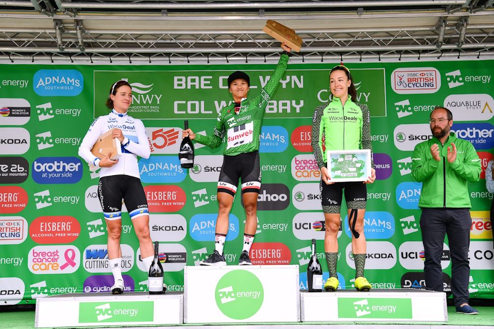 Coryn Rivera celebrates her overall victory at the OVO Energy Women's Tour