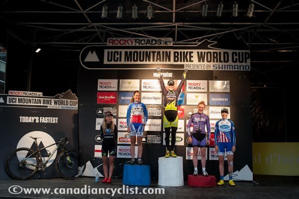 Elite women's cross country Val d'Isere World Cup podium: Emily Batty (Subaru-Trek), Julie Bresset (BH-Suntour), Gunn Rita Dahle Flesjaa (Multivan Merida), Annie Last (Milka-Brentjens), Georgia Gould (Luna)