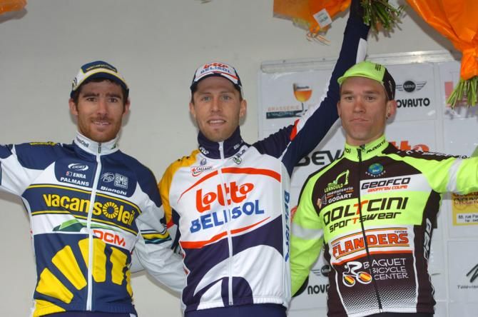 2013 Grand Prix Pino Cerami podium (L-R): Romain Feillu, 2nd; Jonas Vangenechten, 1st; Andris Smirnovs, 3rd
