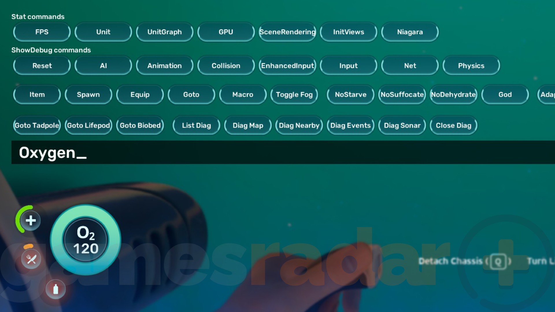 The word oxygen typed into the Subnautica 2 cheats console
