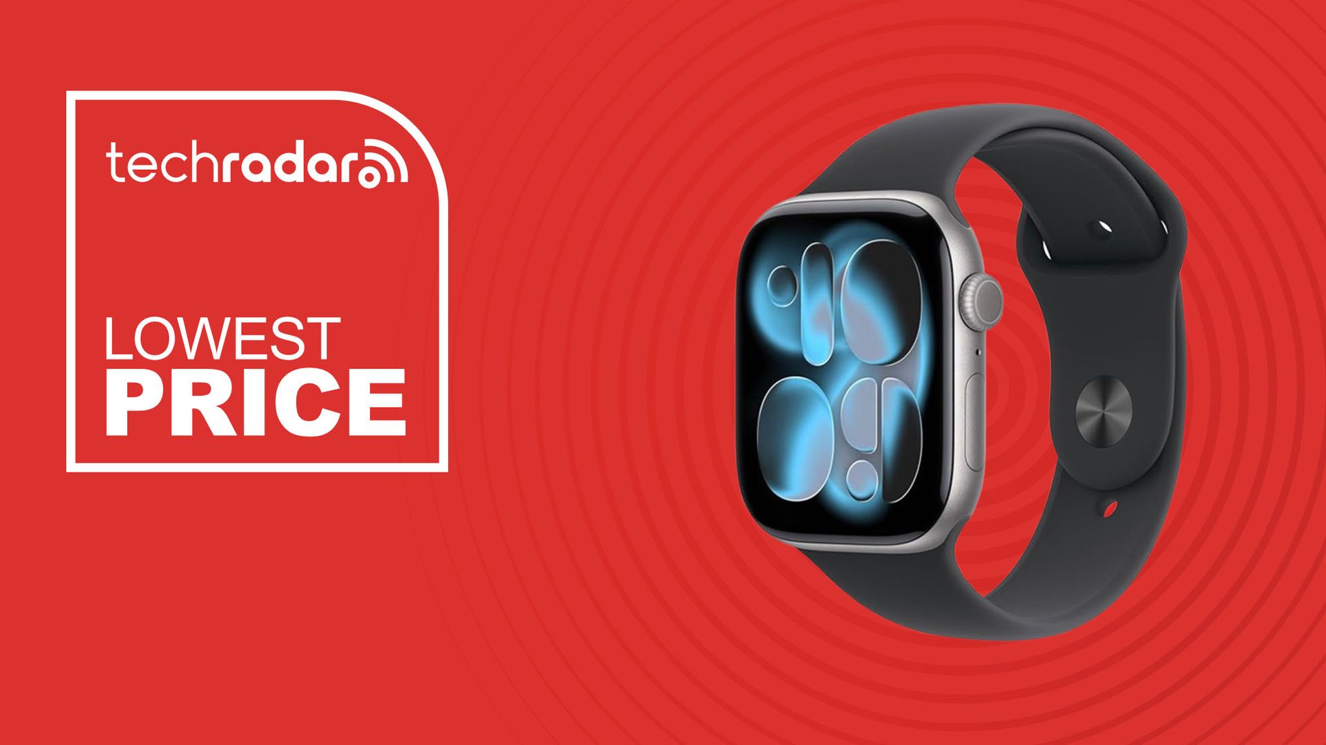 The Apple Watch Series 11 on a red background with text saying Lowest Price.