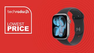 The Apple Watch Series 11 on a red background with text saying Lowest Price.