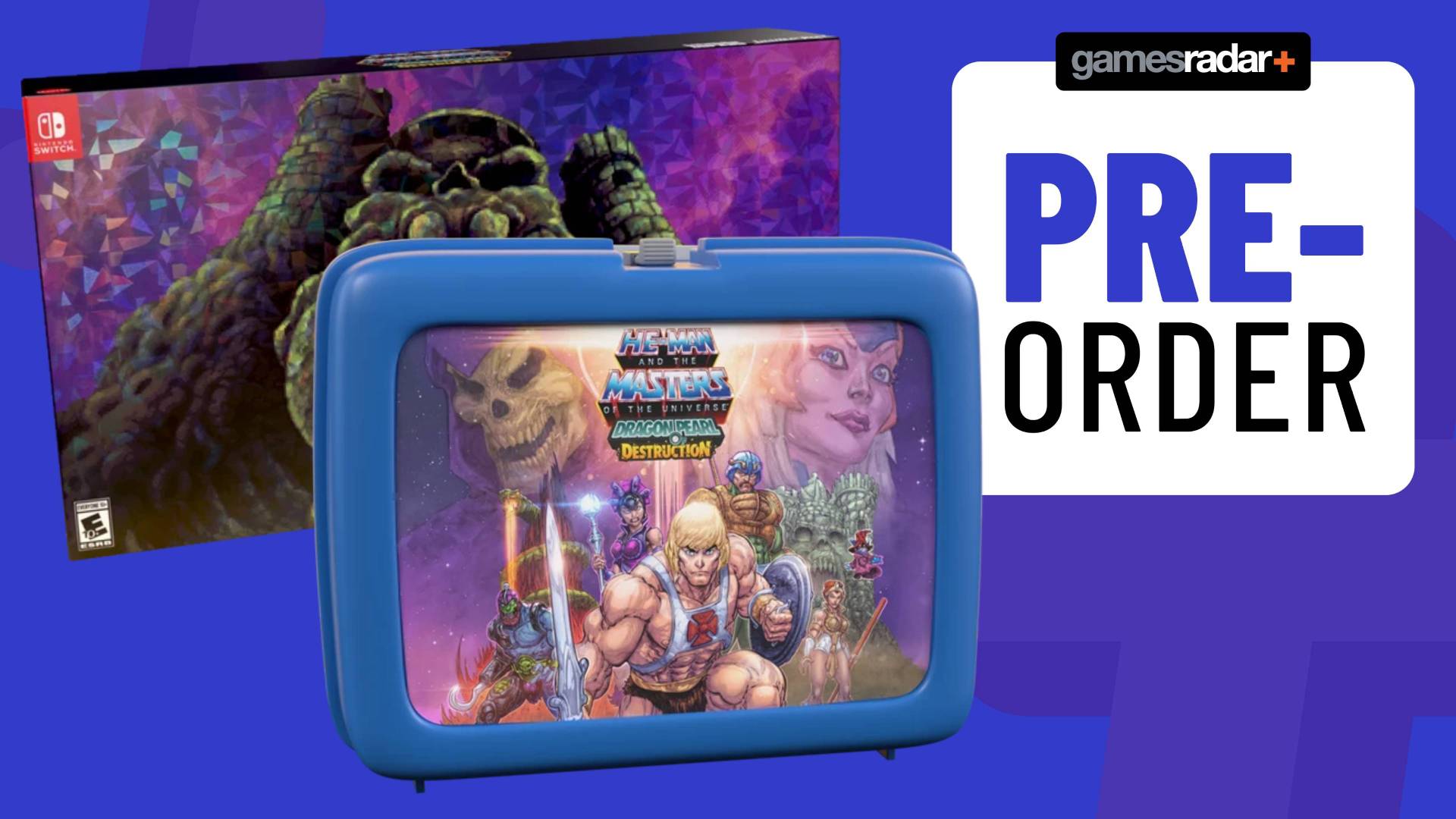 Image of the He-Man and the Masters of the Universe Dragon Pearl of Destruction lunchbox and collector's edition on a blue GamesRadar+ background.