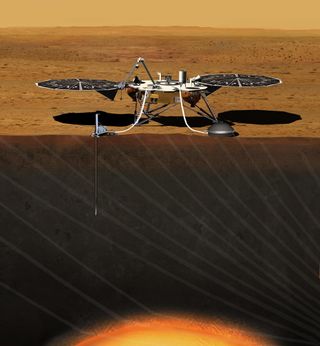 This artist's concept depicts the stationary NASA Mars lander known by the acronym InSight at work studying the interior of Mars. The InSight mission (for Interior Exploration using Seismic Investigations, Geodesy and Heat Transport) is scheduled to launch in March 2016 and land on Mars six months later. Image released Sept. 4, 2013.