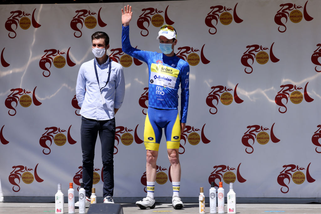 ZAHARA DE LA SIERRA SPAIN MAY 18 Thomas Sprengers of Belgium and Team Sport Vlaanderen Baloise Blue Sprint Jersey celebrates at podium during the 67th Vuelta A Andalucia Ruta Del Sol 2021 Stage 1 a 1521km stage from Mijas to Zahara de la Sierra 441m VCANDALUCIA on May 18 2021 in Zahara de la Sierra Spain Photo by Gonzalo Arroyo MorenoGetty Images