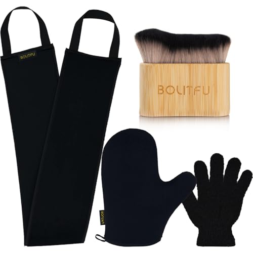 4pack Self Tanning Mitt Applicator Kit - 1 Self Tan Mitt, 1 Back Tanning Applicator, 1 Ultra Soft Self Tanner Brush, 1 Exfoliating Glove, for Sunless Streak Free Fake Tan, Portable & Reusable