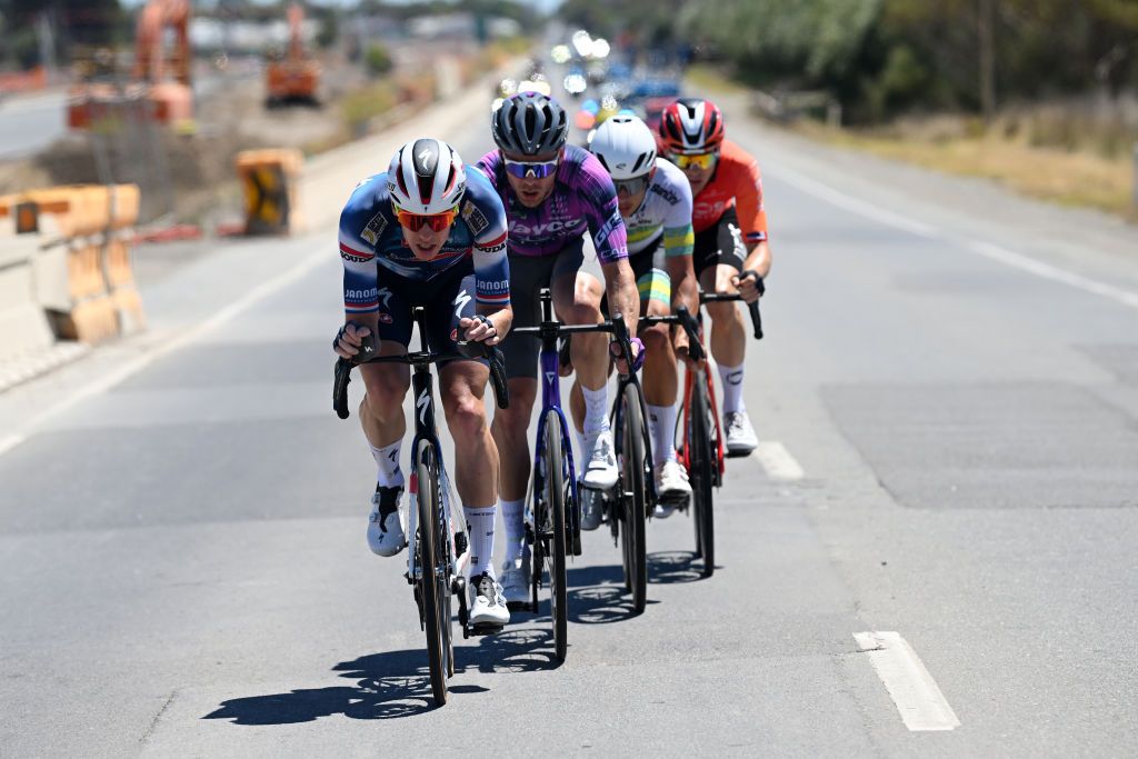 WILLUNGA HILL AUSTRALIA JANUARY 25 Pascal Eenkhoorn of The Netherlands and Team Soudal QuickStep competes in the breakaway during the 25th Santos Tour Down Under 2025 Stage 5 a 1457km stage from McLaren Vale to Willunga Hill 371m UCIWT on January 25 2025 in Willunga Hill Australia Photo by Dario BelingheriGetty Images