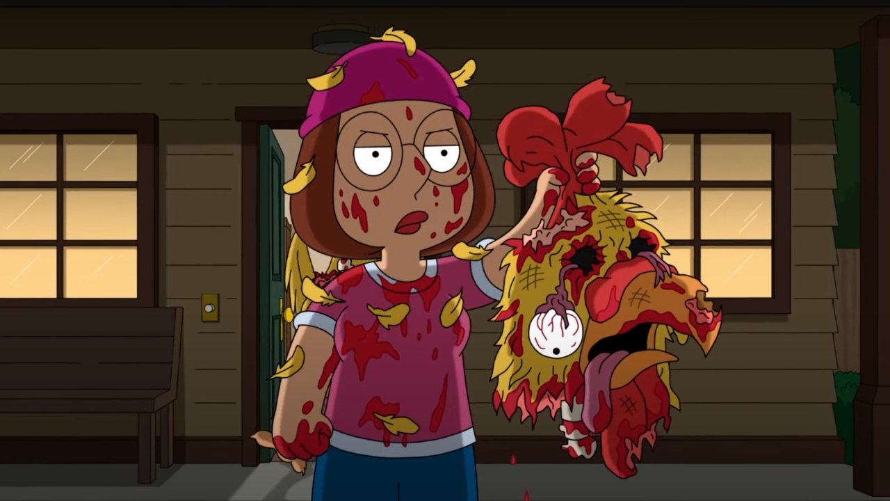 Meg Griffin with a bloody chicken head on Family Guy