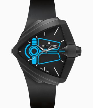 Black Hamilton watch in futuristic shape with bright blue markings