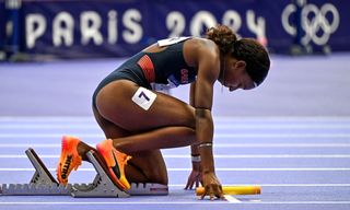 Bianca Williams of Team Great Britain before the women's 4 x 100m relay heats at the Stade de France during the 2024 Paris Summer Olympic Games in Paris, France