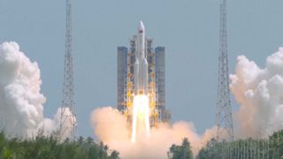 A Chinese Long March 5B rocket launches the eighth batch of satellites for the Guowang internet megaconstellation from Hainan island on Aug. 13, 2025.