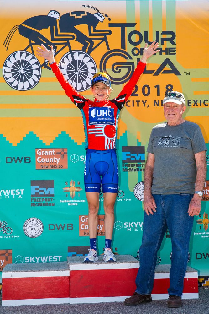 Katie Hall (UnitedHealthcare) on the podium after stage 4 at Tour of the Gila.