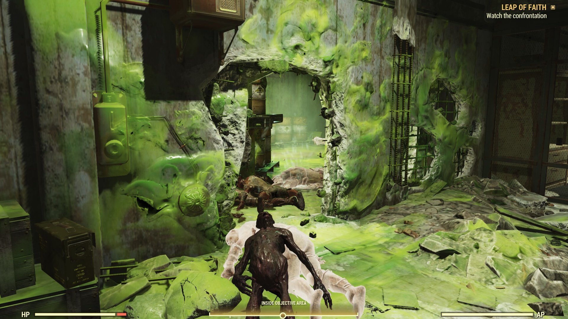 Fallout 76 ghoul in a ruined building with green radiation