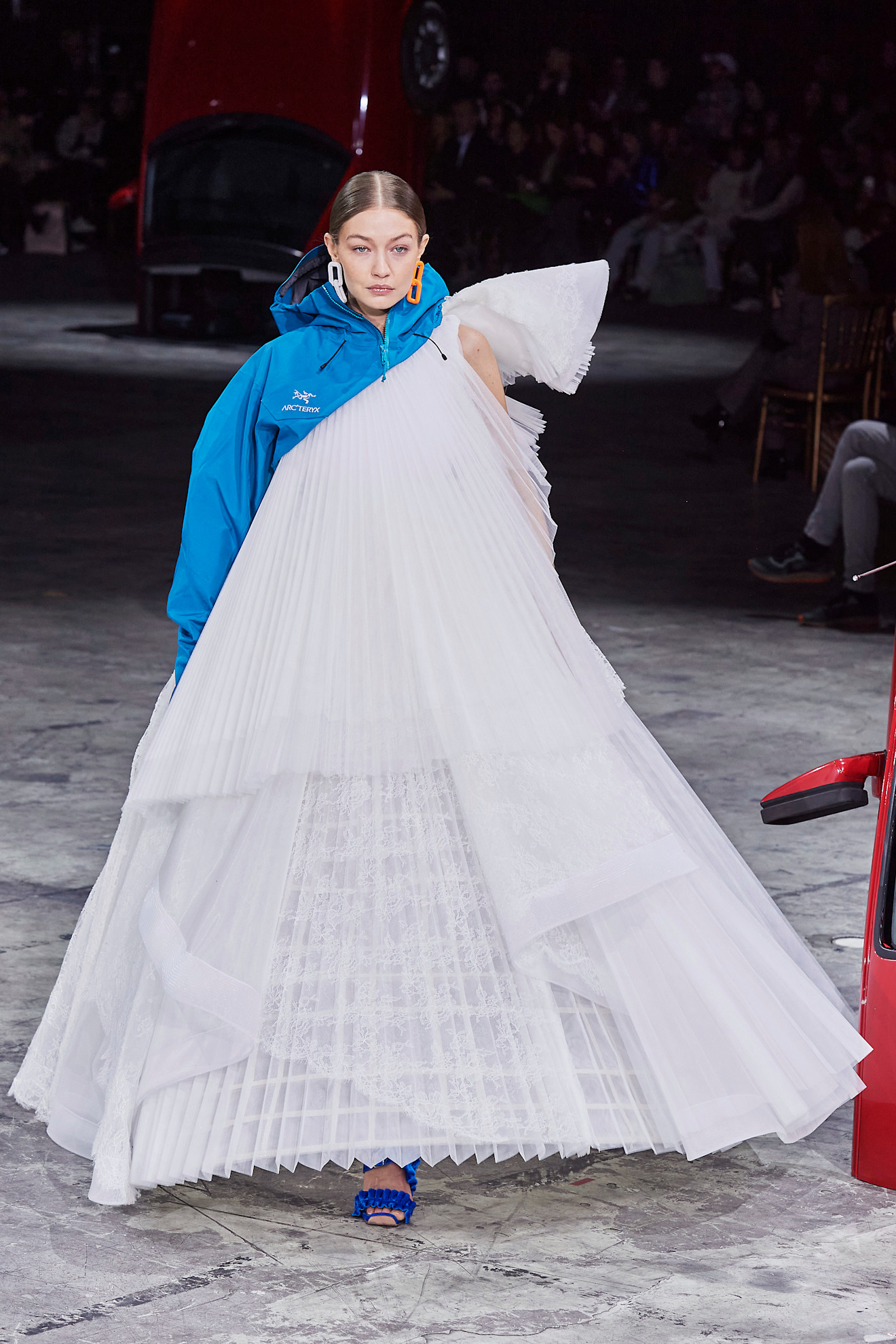 Gigi Hadid wore the windbreaker and tulle skirt on the Off-White Fall 2020 runway that inspired Who Decides War