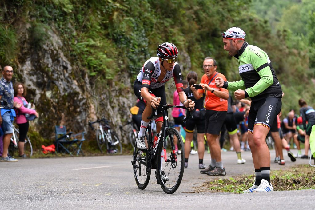 COLLU FANCUAYA SPAIN AUGUST 27 Marc Soler Gimenez of Spain and UAE Team Emirates attacks during the 77th Tour of Spain 2022 Stage 8 a 1534km stage from Pola de Laviana to Collu Fancuaya 1084m LaVuelta22 WorldTour on August 27 2022 in Collu Fancuaya Spain Photo by Justin SetterfieldGetty Images