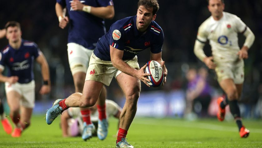 Damian Penaud of France runs with the ball during a Guinness Six Nations 2025 match in February