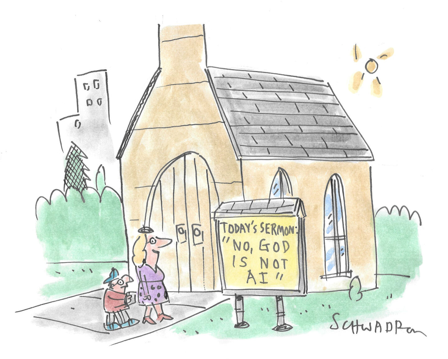 A woman and a child walk into a church on a sunny day. The sign out front reads, &amp;ldquo;Today&amp;rsquo;s sermon: &amp;lsquo;No, God is not AI.&amp;rsquo;&amp;rdquo;