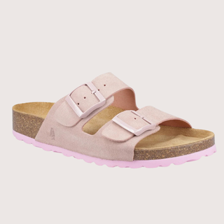 flat lay of pink sandals 