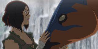 Helena petting a dinosaur in Ark: The Animated Series