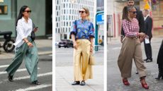 Street style influencers showing shoes to wear with wide leg trousers 