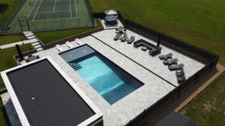 birds eye view of outdoor home swimming pool