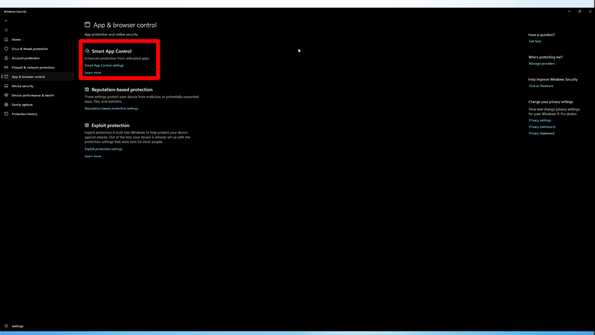 Windows 11 settings disabling smart app control