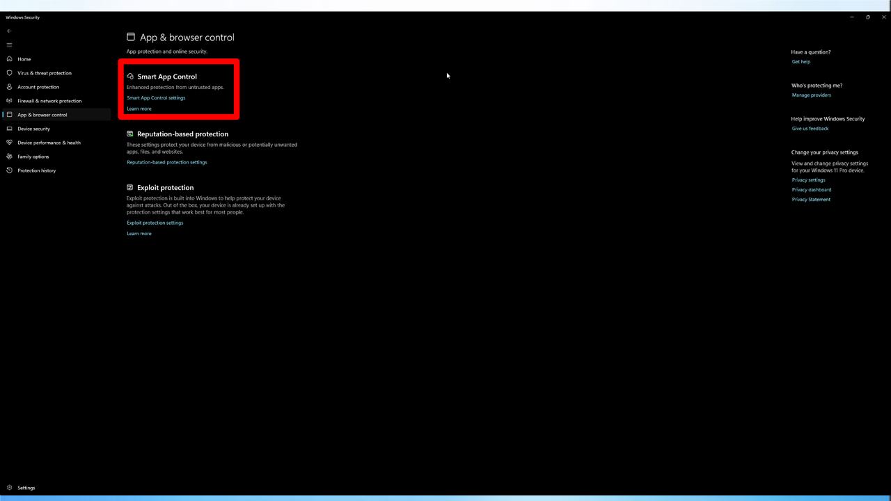 Windows 11 settings disabling smart app control