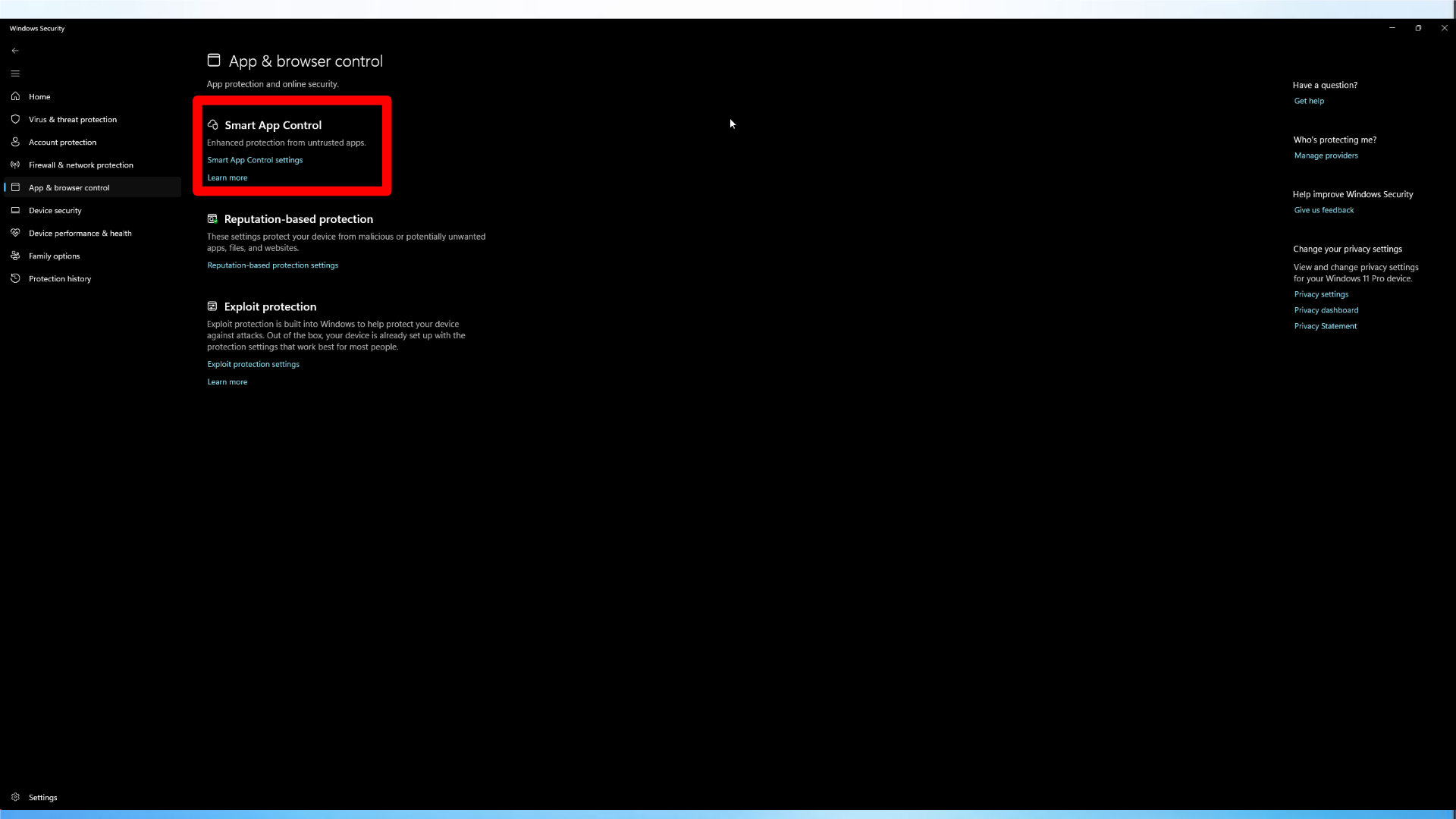 Windows 11 settings disabling smart app control