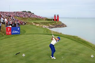McIlroy hits a shot at the seventh hole at Whistling Straits