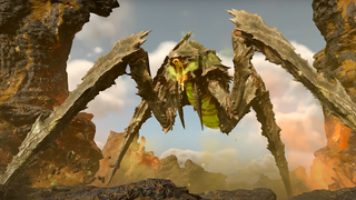 A giant bile titan, a towering insect from Helldivers 2, lets out a vicious scream as it stomps over the landscape.