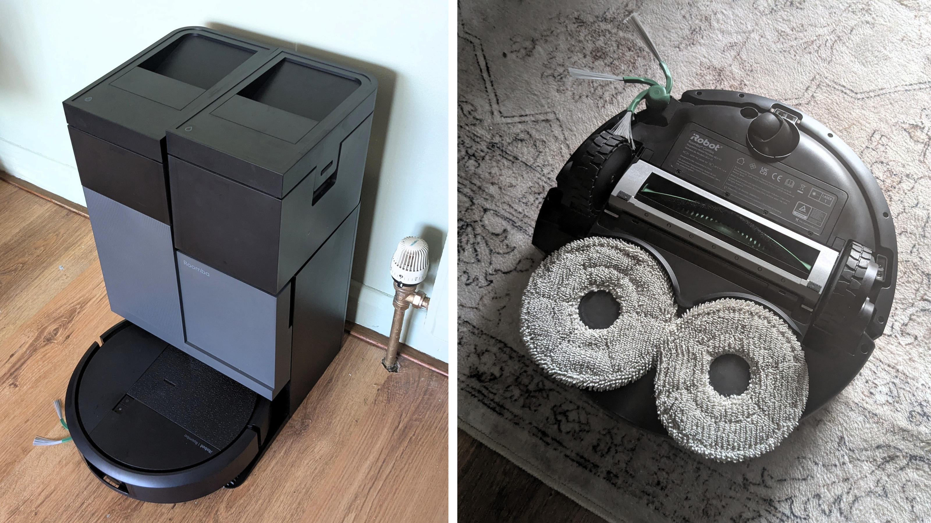 Roomba Plus 415 Combo on its docking station on the left, and the underside of the robot vacuum showing the mop pads on the right